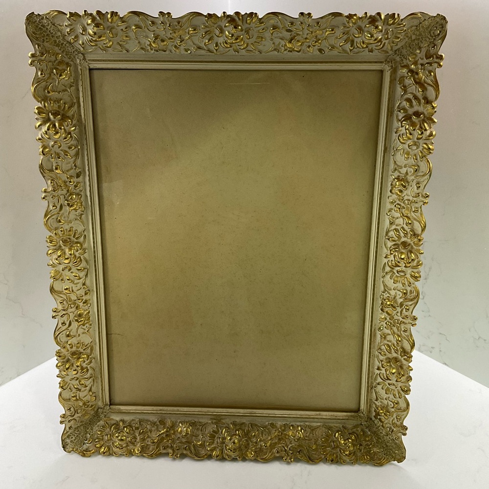 Vintage Floral Frame gold/brass tone metal w/ off white Hollywood Regency